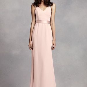 Long V Neck Crepe Gown with Open Back